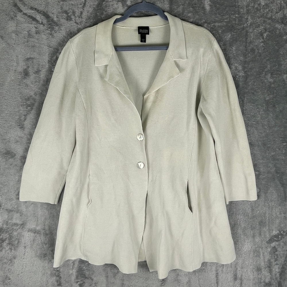 Eileen Fisher Silk Cotton Cardigan Womens XL Cream Good 3/4 Sleeve Button Blazer